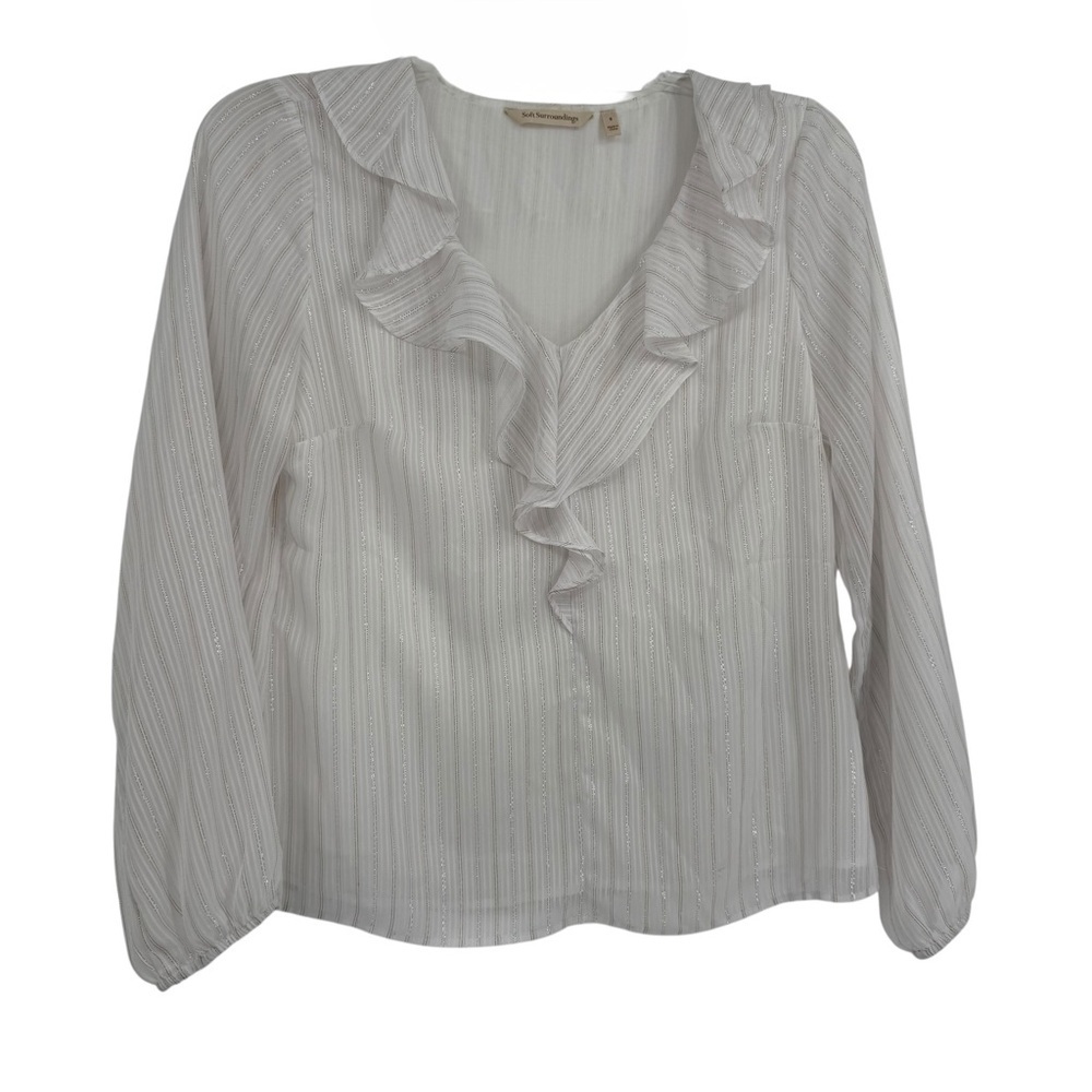 soft surroundings white ruffle top size Small Metallic Stripe Balloon Sleeves